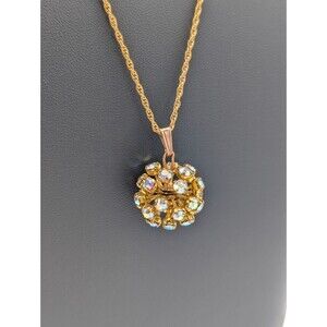 Vintage Gold Tone Link AB Aurora Borealis Crystal Bead Ball Pendant Necklace